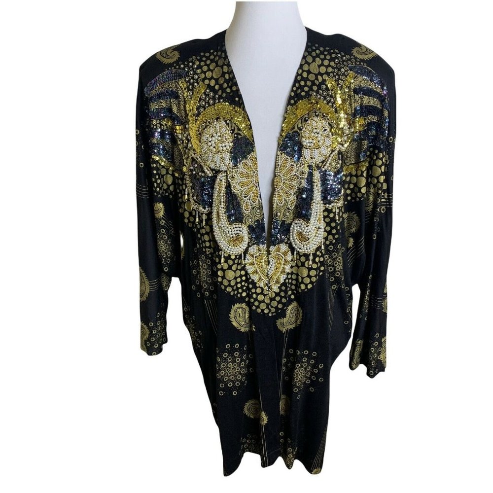 BALI Collection Black Gold Print Beaded Sequins Open Front Kimono Top One Size
